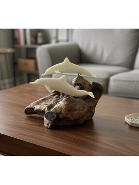 John Perry Two Dolphins Sculpture Burl Wood Base Signed Coastal Nautical Decor